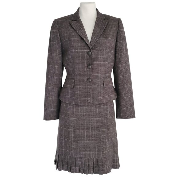 Tahari ASL Blazer / Skirt Suit 2 Pc Set Soft Brown Plaid Pleated Skirt Business - Picture 1 of 16
